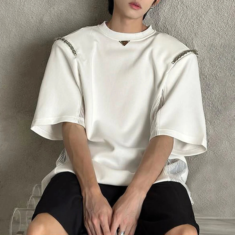 Harajuku Tribal flame ā Mens Casual Splicing See Through Chain T Shirt 2024 New Gend