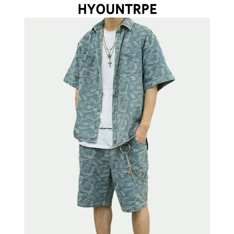 2 Pieces Sets Mens Fashion Embroidery Single Breasted Denim Jeans Shirts and Straight Zipper Shorts Joggers Streetwear Sets