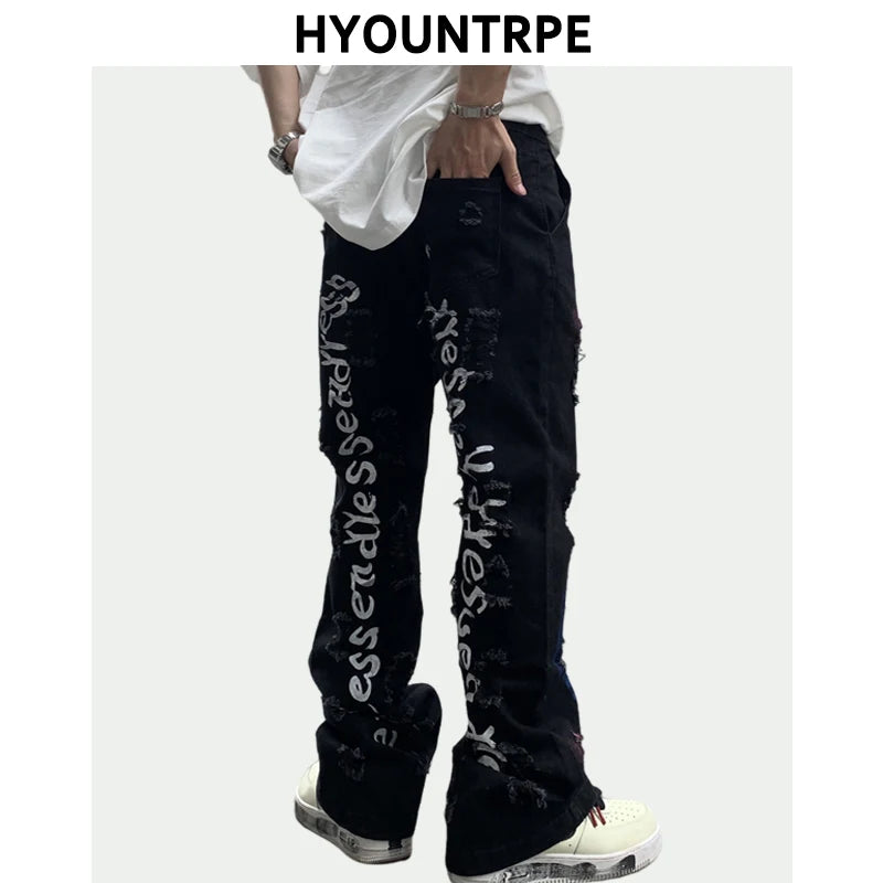 fashion back letters printed denim flare jeans mens zipper straight trouser hip hop destroy holes streetwear jean pants joggers streetwear sweatpants