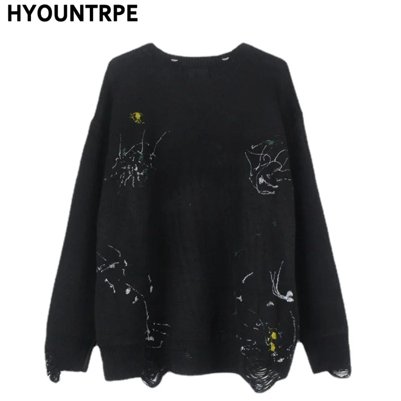 mens hip hop streetwear skull graffiti harajuku sweaters casual knitted sweater ripped holes cotton pullover men jumper sweater - gothic aesthetic hoodie for winter, graphic printed hoodie for men and women, soft fleece-lined outerwear