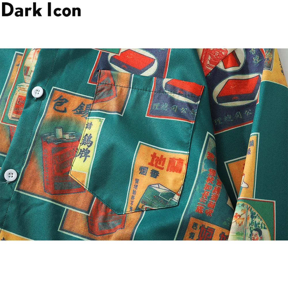 Dark Icon Vintage Printed Shirts Men Turn-down Collar Men's Shirt Streetwear Shirts for Man