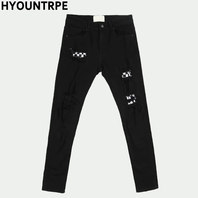 knee hole destroyed jeans patchwork plaid patch ripped slim mens biker jeans fashion streetwear hip hop zipper pants jogger unique joggers style 4230