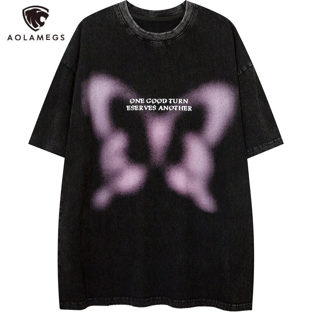 Sadcore Oversized shirt – Aolamegs Butterfly Inkjet Letter Print Washed T Shirt Men Sh
