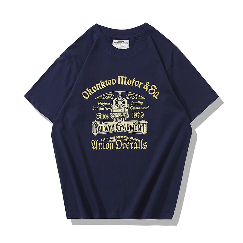 Y2k Oversized shirt ā Summer Mens Short Sleeved Retro New 200G Locomotive Letter P
