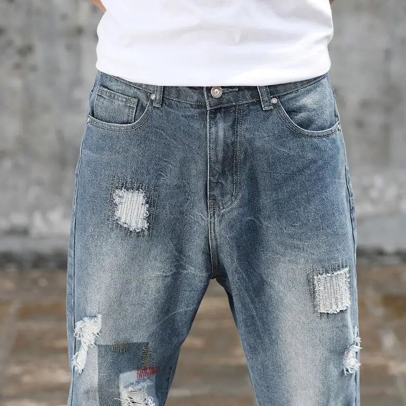mens jeans with holes man cowboy pants cropped harem hip hop trousers 2024 korean style torn ripped broken retro classic pants unique jeans style 1872