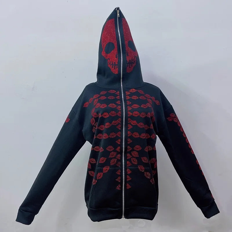 Hoodie Men Rhinestone Skeleton Zip Up Hoodie Oversized Sweatshirts Y2K