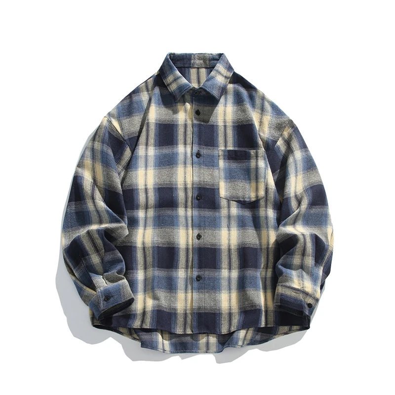 Oversized Retro Plaid Shirt Men Japanese Streetwear Loose Casual Shirts Men