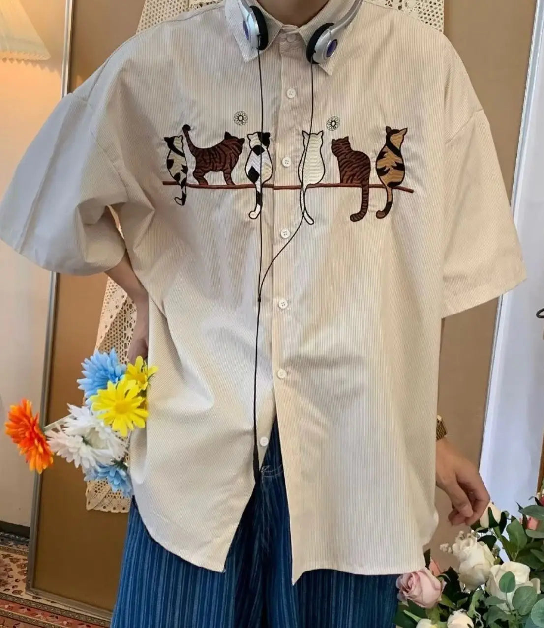 Japanese pinstripe cat pattern shirts for men and women summer trendy brand retro Hong Kong style loose