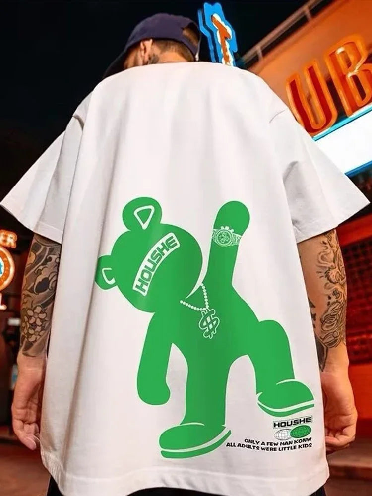 Glitchcore Chrome print ā Summer Creative Cartoon Bear Printed T Shirt For Men Short S
