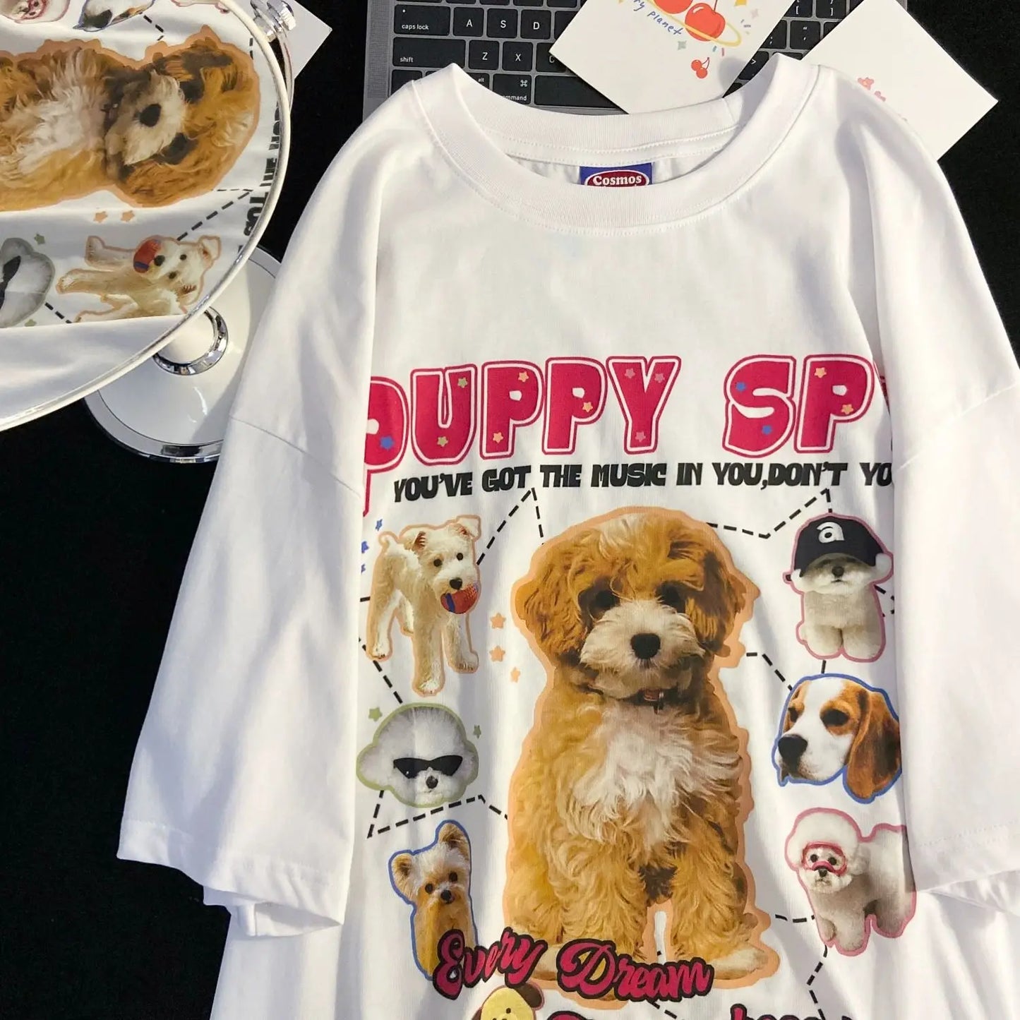 Gothic Crying angel ā American Retro Cute Puppy Print Short Sleeved Summer Men And