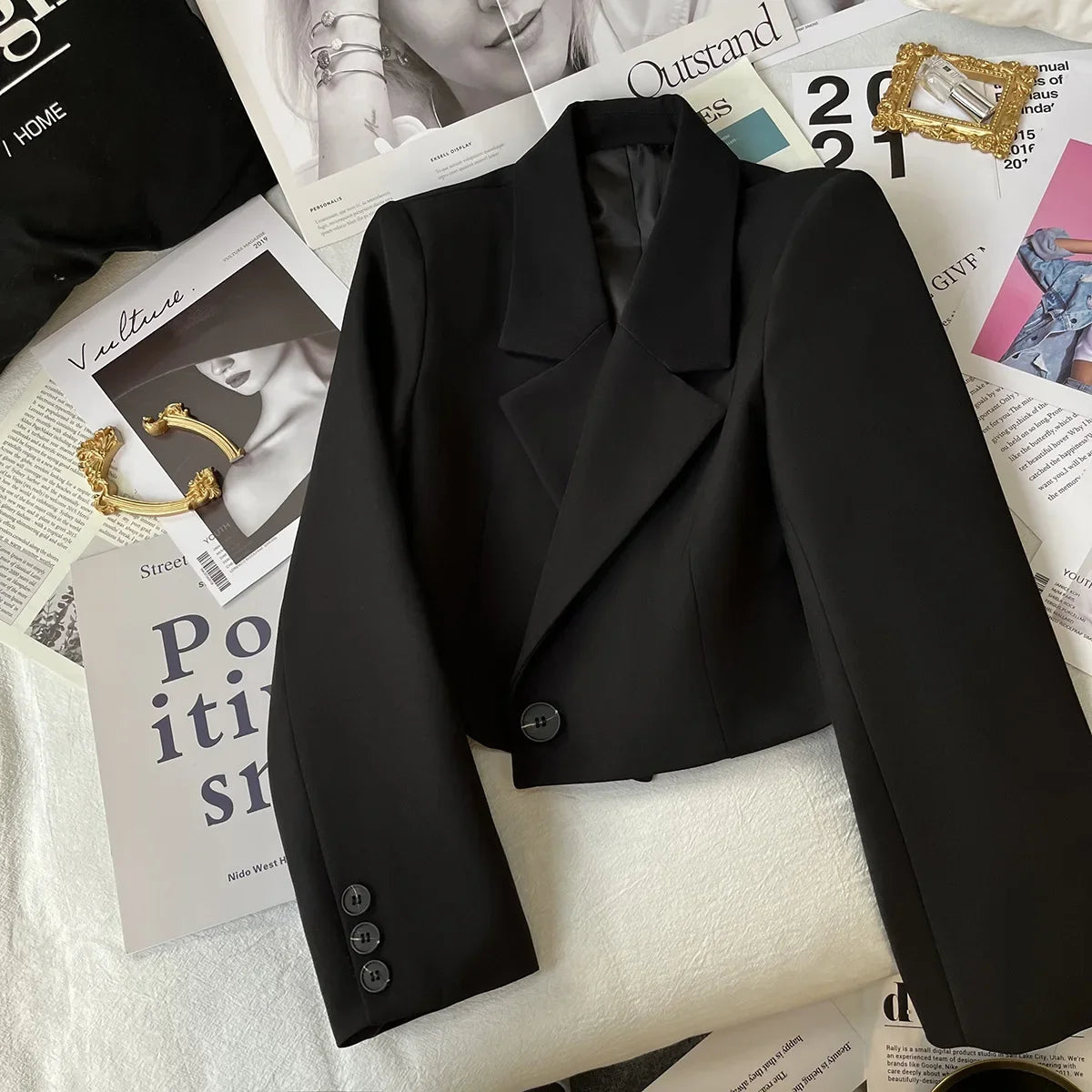 Black Short Blazer For Women Trendy 2024 Versatile Notch Collar Short