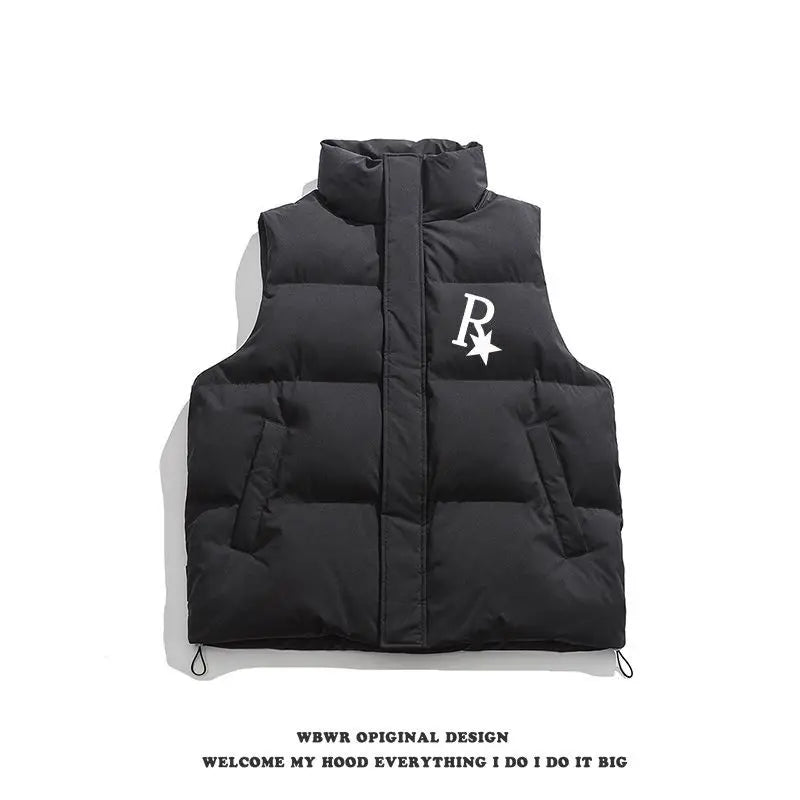 2024 Winter Korean Printed Stand Collar Vest Cotton Jacket New Ins American Street Casual Personality