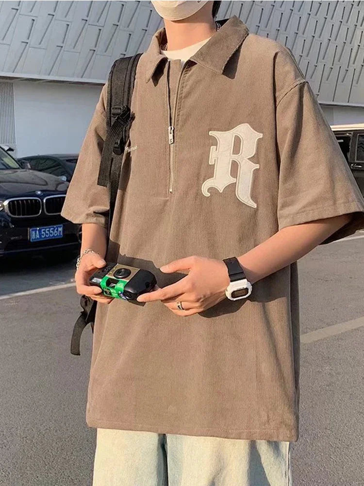 Glitchcore Barcode glitch ā Korean Fashion Embroidery Polo T Shirt High Street Short Sle