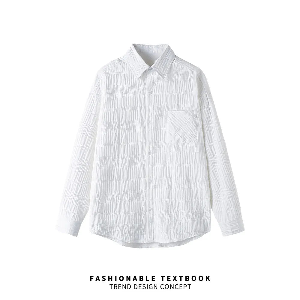 Wrinkled Fabric Casual Long Sleeve Shirt Men and Women Solid Color Streetwear Fashion Loose Black White Shirts Oversize Blouses