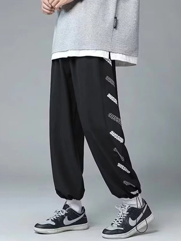 summer side letter printed straight pants mens drawstring sports joggers sweatpants y2k streetwear baggy casual trousers unique joggers style 915