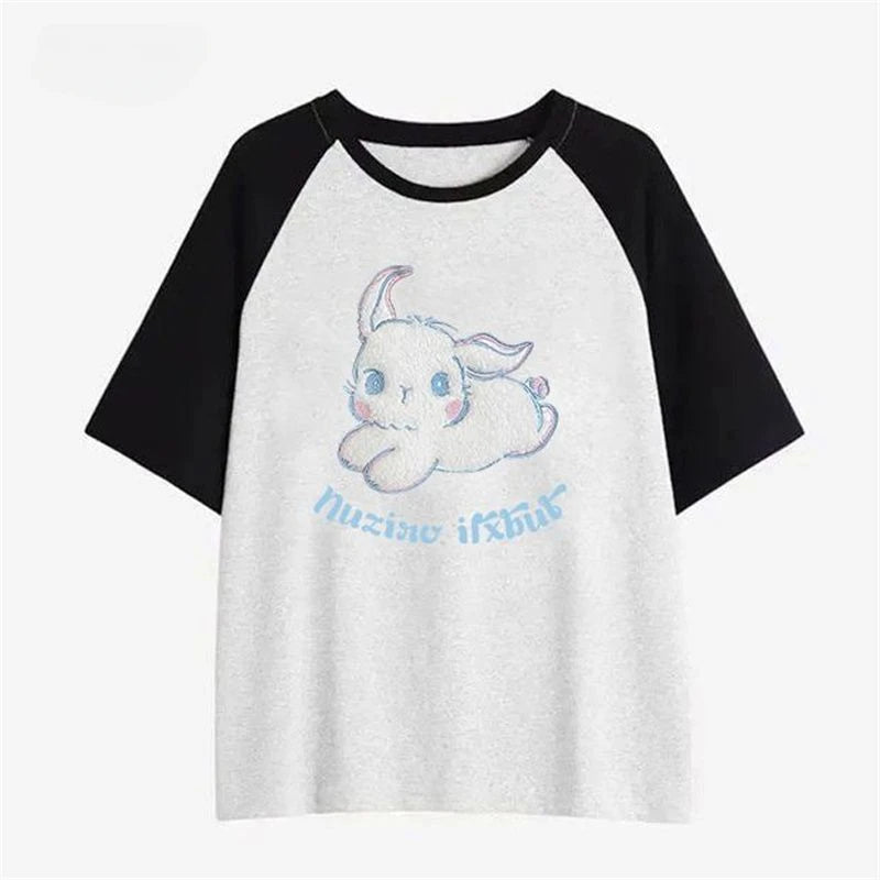 Skatercore Oversized shirt β American Flocking Cute Rabbit Pattern Short Sleeved T Shirt