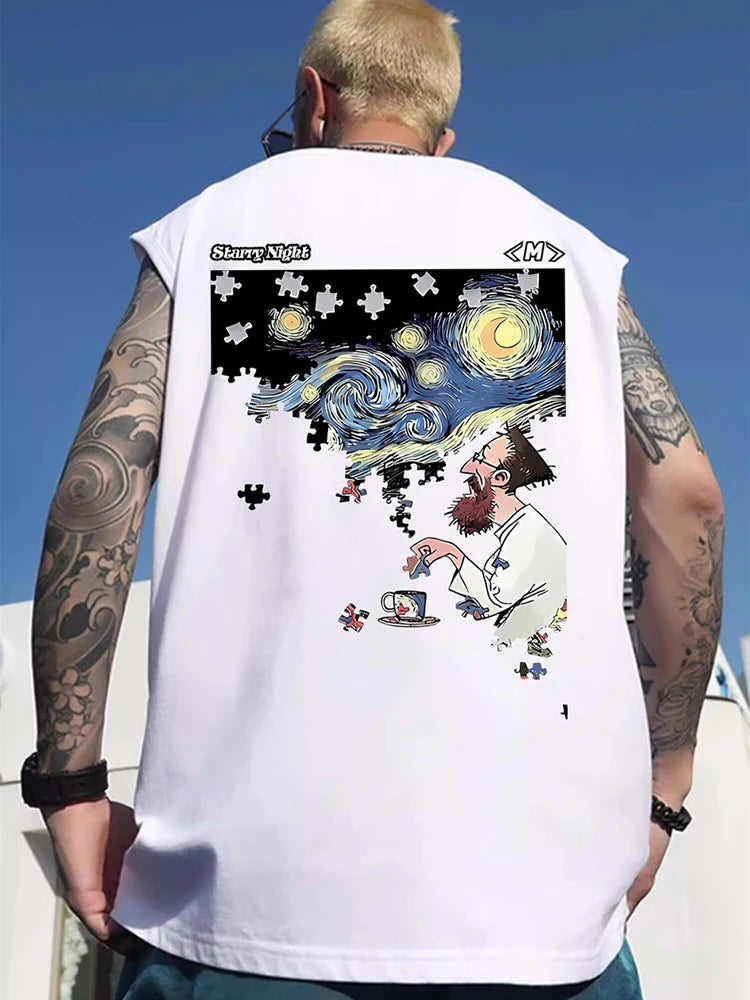 Glitchcore Graphic tee ā Summer Mens Starry Night Puzzle Printed Tank Tops Hip Hop Fashion