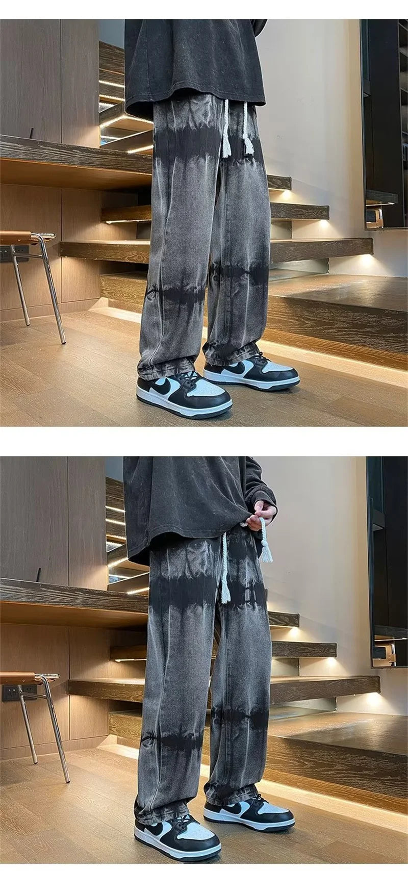 2025 new tie dye retro drawstring jeans for men baggy high street straight pants hip hop fashion casual y2k jean hombre pantalon unique jeans style 863