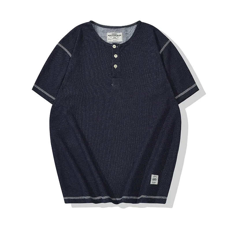 Glitchcore Melting smiley ā Denim Blue Knitted Henry Collor T Shirt Men Vintage Topstitc