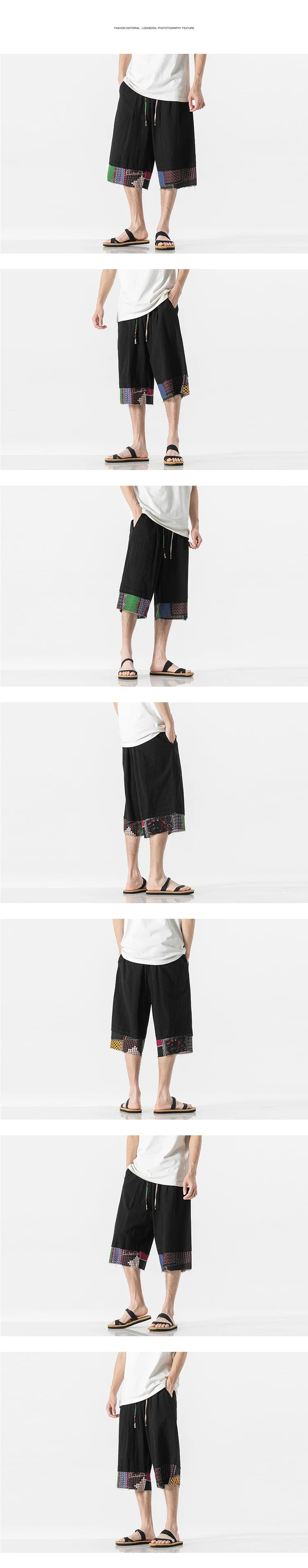mens summer thin linen shorts loose straight mens pants japanese patchwork wind over the knee beach pants unique shorts style 3256