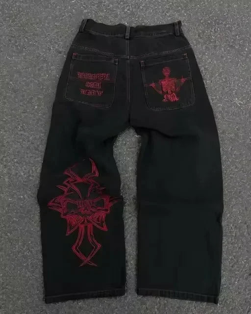 blue jeans for women y2k harajuku hip hop sakura embroidery retro patch heavy baggy jeans high waist wide leg trouser streetwear unique jeans style 821