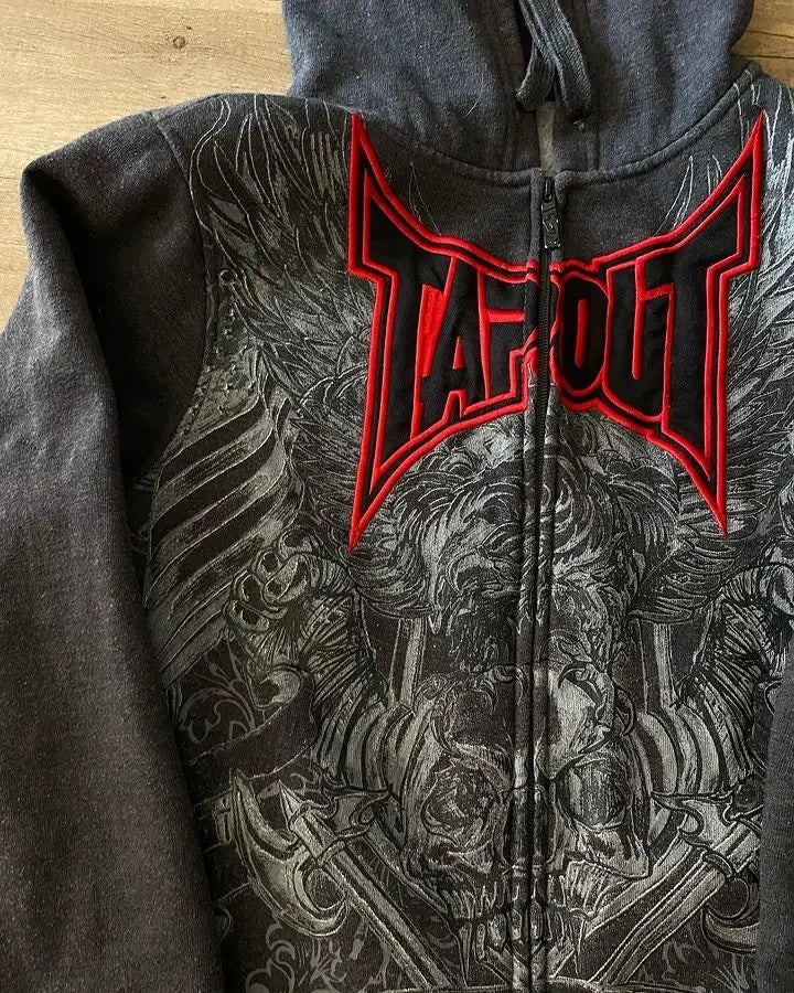 Anime Aesthetic Tee – Retro Tapout Hip Hop Letter Zipper Hoodie Y2K Sweatshirt – Streetwear Fashion for Men & Women