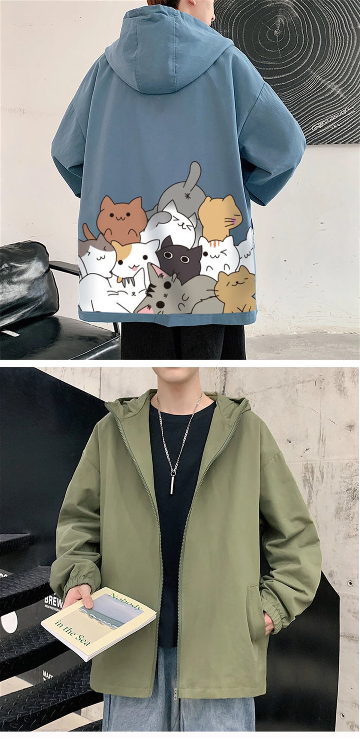 Black Cat Print Baseball Jacket Boys Long Sleeve Loose Ins Harajuku Hi