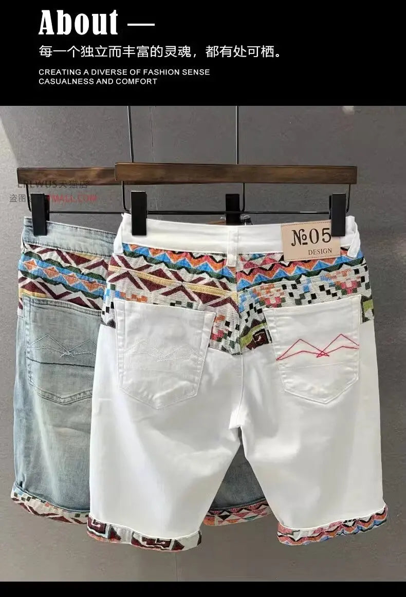Summer New Denim Shorts Men's Stitching Embroidery Ripped Knee-length Shorts