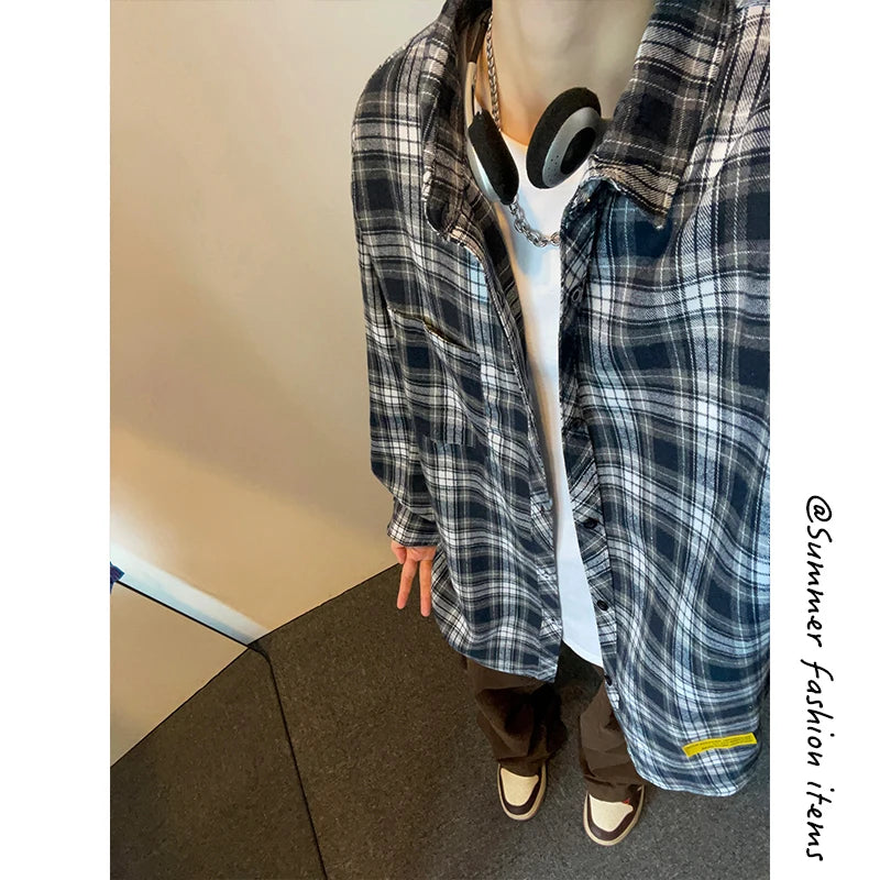 Men Oversized Fashion Retro Casual Shirt Men Streetwear Korean Loose Plaid Shirt