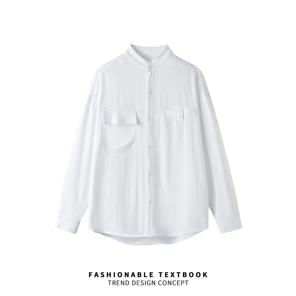 Men Loose Casual Streetwear Fashion Stand Collar Long Sleeve Black White Oversize Shirt Couple Plus Size Shirts Blouses