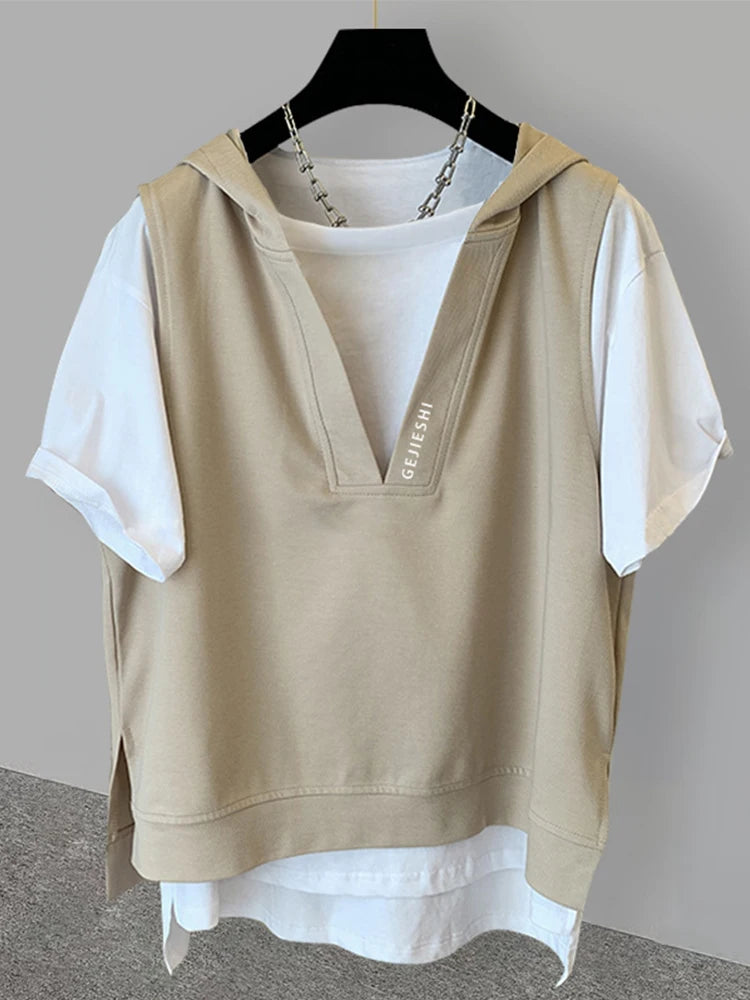Harajuku Chrome print ā Summer Fake Two Piece Hooded T Shirts For Men Letter Embroid
