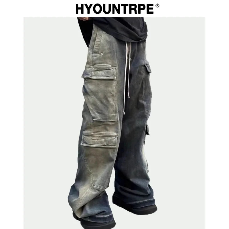 fashion denim baggy cargo jean pants men hip hop elastic waist wide legs retro washed jeans side pocket streetwear jeans joggers casual joggers