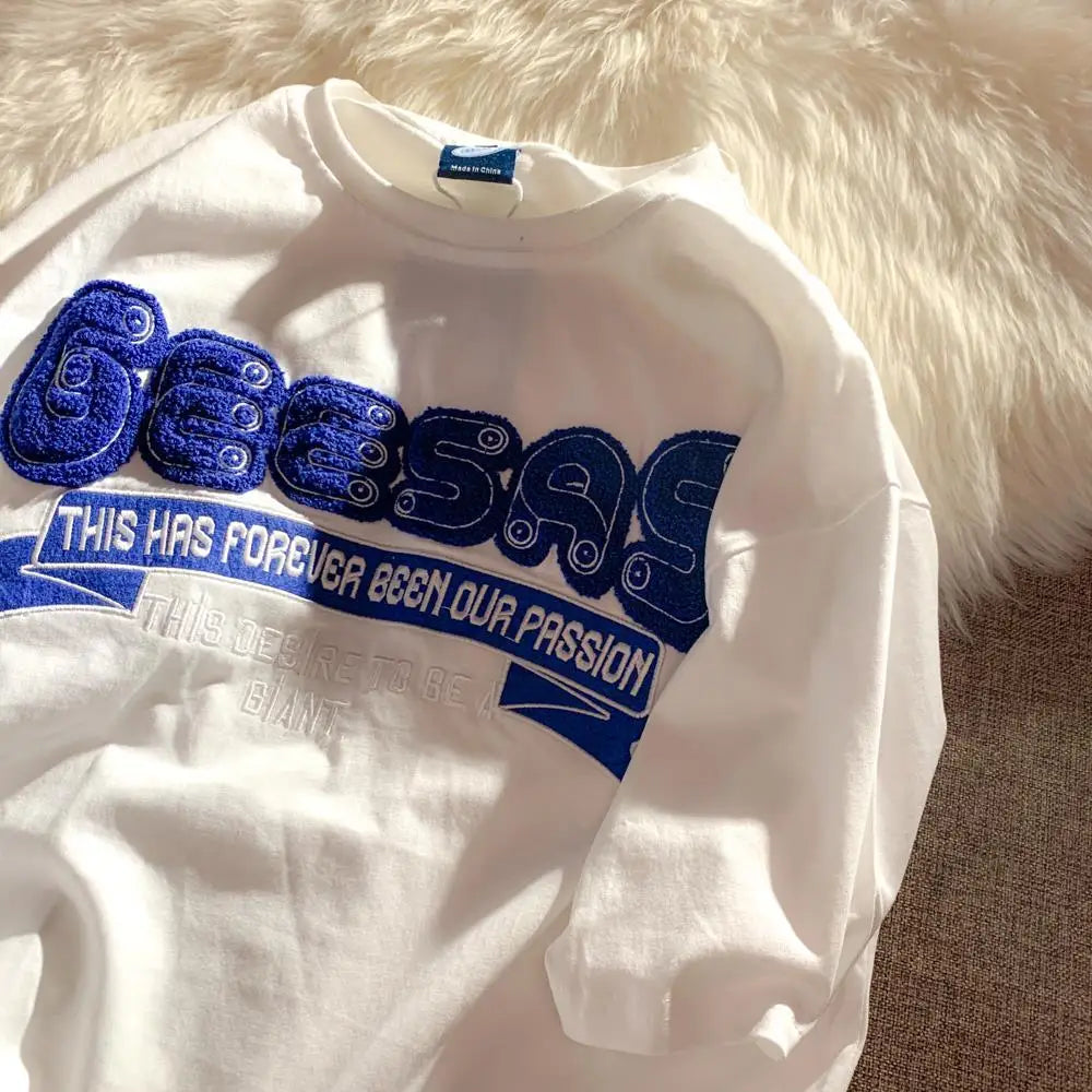 Harajuku Oversized Shirt – Retro Klein Blue Flocking Embroidery T Shirts Fashion Preppy – Modern Streetwear for Everyone