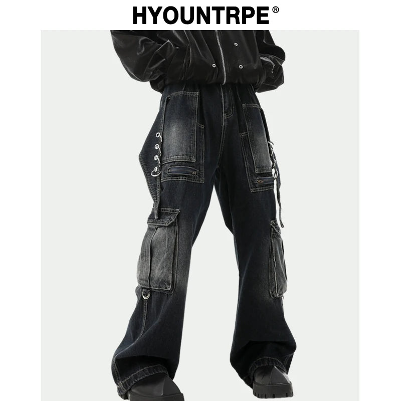 fashion punk rings streetwear loose pants unisex casual multiple pockets wide legs jean pants hip hop joggers men baggy jeans casual joggers