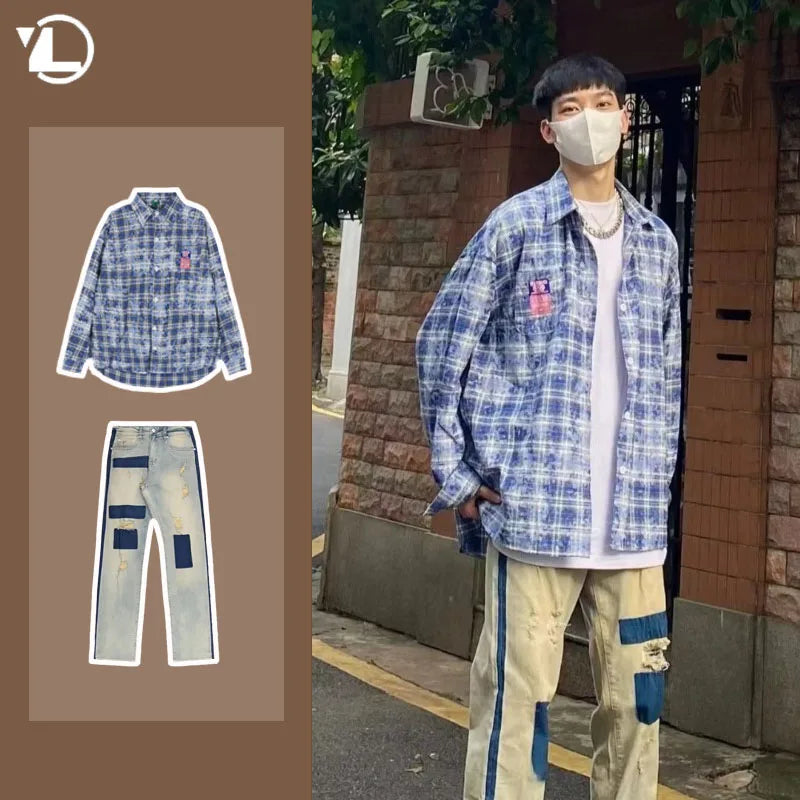 spring street fashion set mens blue plaid printed shirt color blocking trendy jeans 2 pcs set retro college suit male new ripped baggy denim