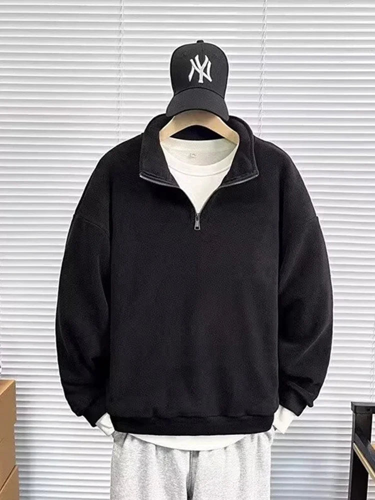 Mens Polar Fleece Half Zip Turtleneck Sweatshirts Korean Fashion Loose