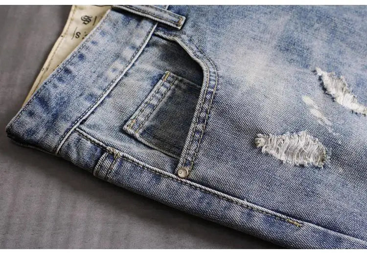 Men's Denim Shorts With Holes Washed Korean Style Straight Quarter Patch Casual Jeans