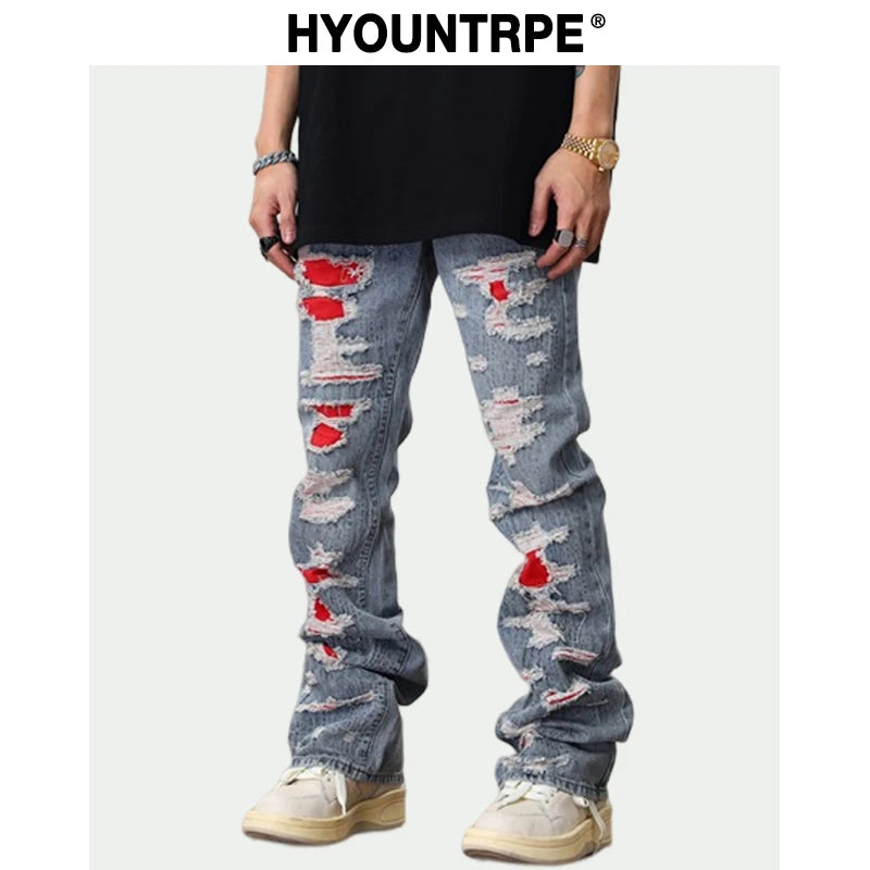 men distressed ripped destroied denim jean pants new fashion patchwork biker jeans streetwear flare pants jogger y2k men s jeans relaxed fit joggers