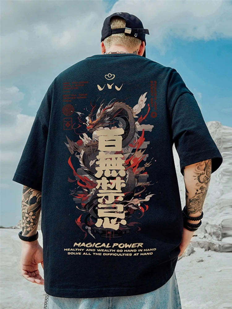 Trapwear Barcode glitch ā 2024 Dragon Magical Power Print T Shirts Mens Breathable O N