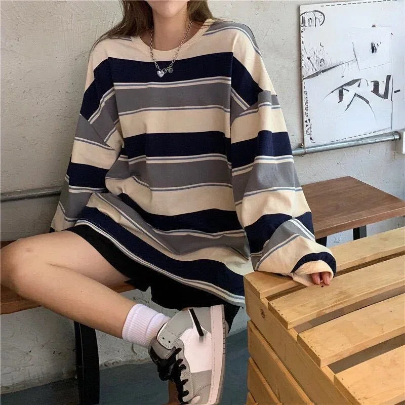 Harajuku Vintage print ā Women T Shirts Striped Sweatshirt Thin Tops 2024 Spring Wome