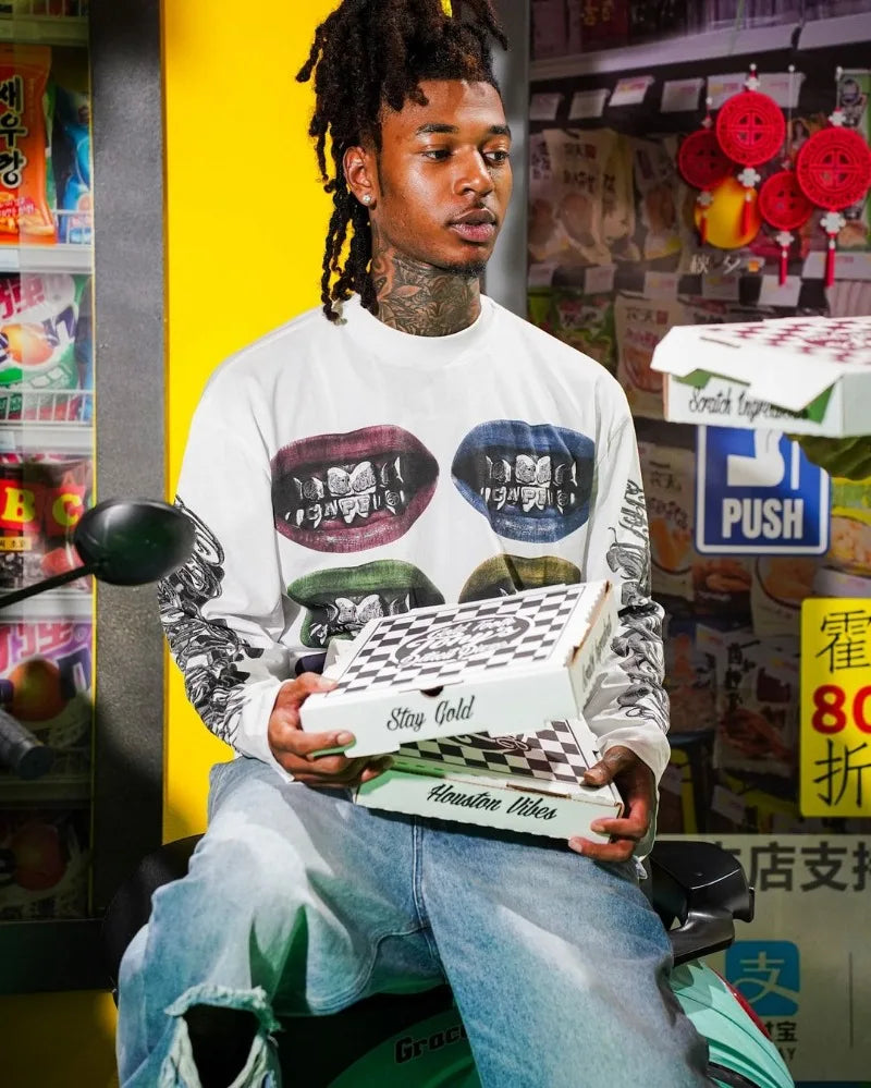 European and American Hip-hop Rock Big Mouth Print Oversized Long-sleeved Y2k Harajuku Retro Fashion Versatile Couple Pullover