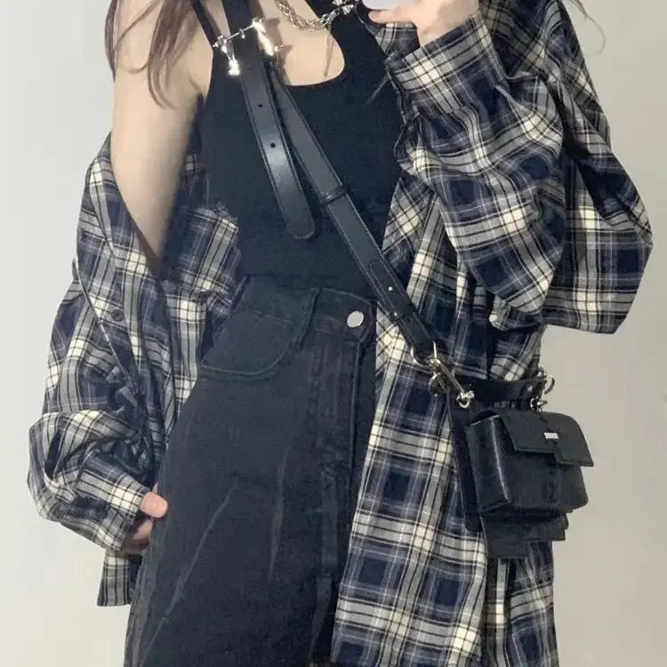 Power Wear Plaid Shirts Women Idle Sle Retro Cardigan Shirt Outerwear Long sleeve Top Spring and Autumn