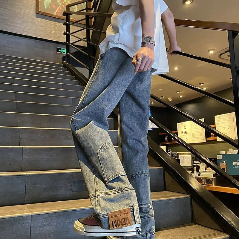 autumn vintage high street straight washed denim jeans for men and women trendy hip hop personality inverted loose casual pants unique jeans style 643