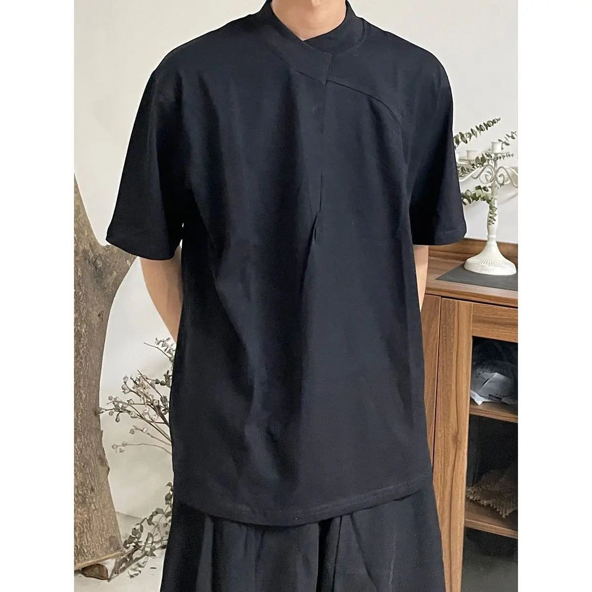 Trapwear Oversized shirt β Korean Summer Minimalist Retro Chinese Style Stand Collar Sp