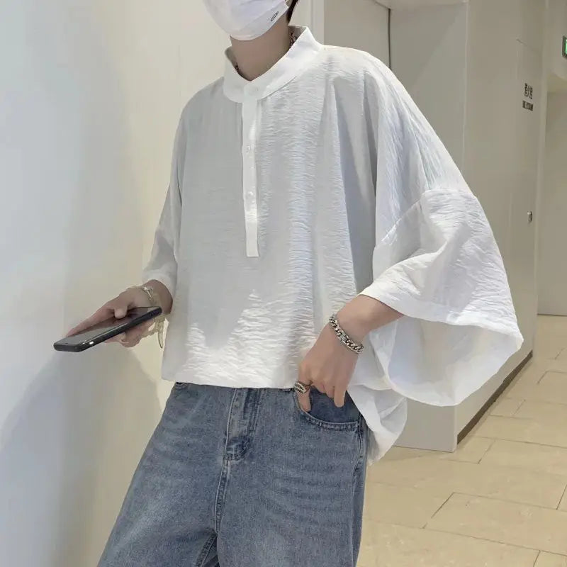 Sadcore Aesthetic piece ā 2023 Summer New Fashion Japanese Stand Up Collar Short Sleev