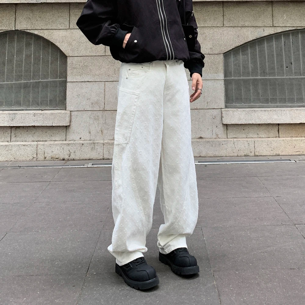 men brand fashion wash jacquard denim splice pocket loose casual wide leg baggy jeans cityboy cargo jeans pants trousers unique cargo style 2550