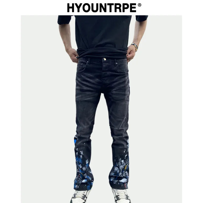 graffiti printed skinny denim jeans men casual buttons fly slim straight biker trousers jeans fashion hip hop jean pants joggers sporty tapered joggers
