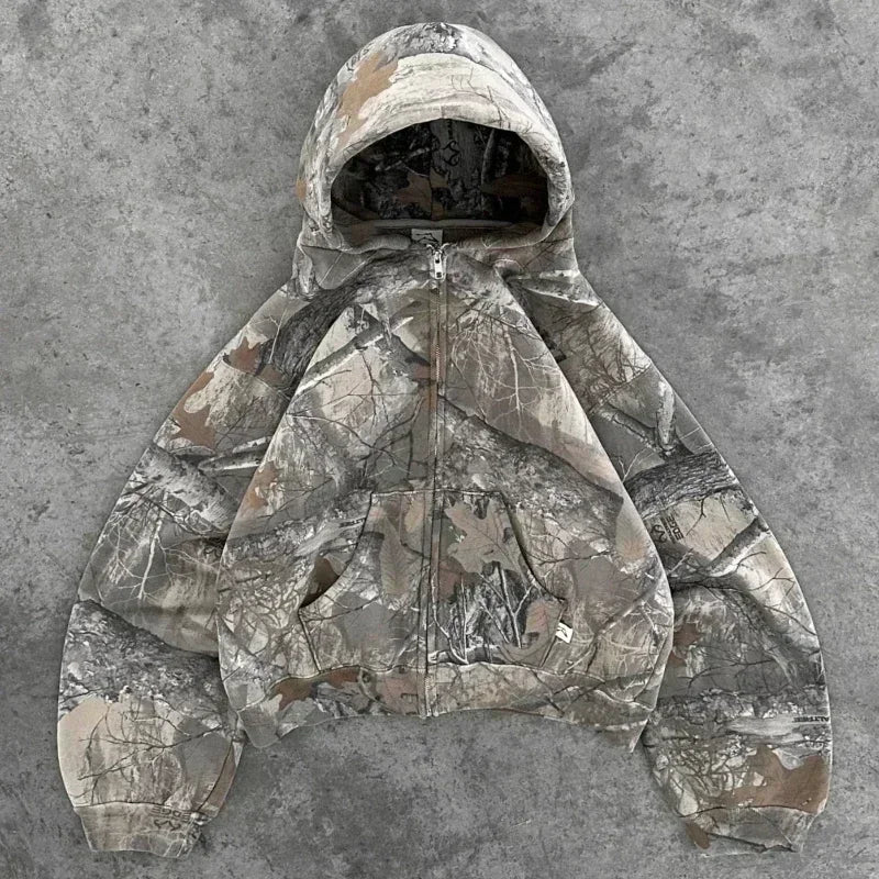 Hip Hop Tactical Camo Streetwear Retro Camo Zip Hoodie Y2K Coats Mens Women