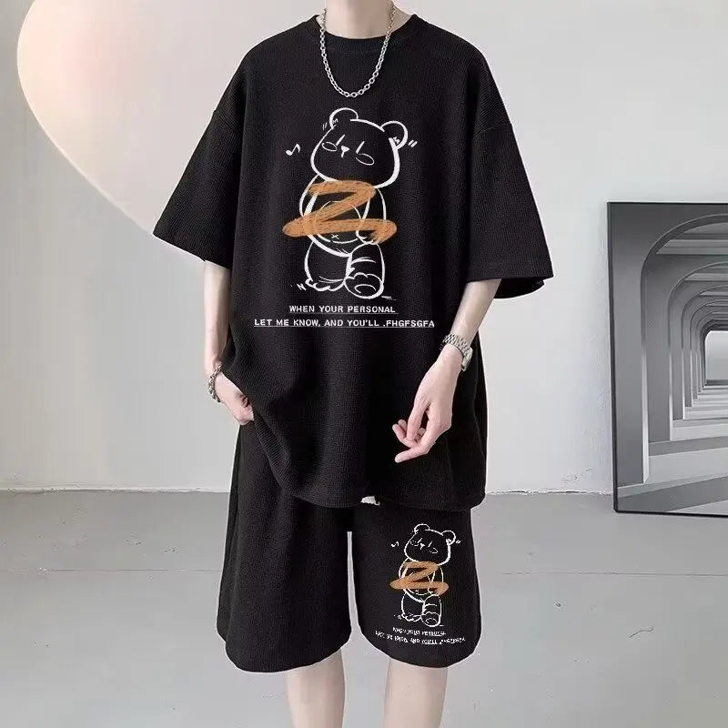 Vaporwave Crying angel ā Summer Men Tracksuit Japan Cartoon Streetwear Cool Bear Prin