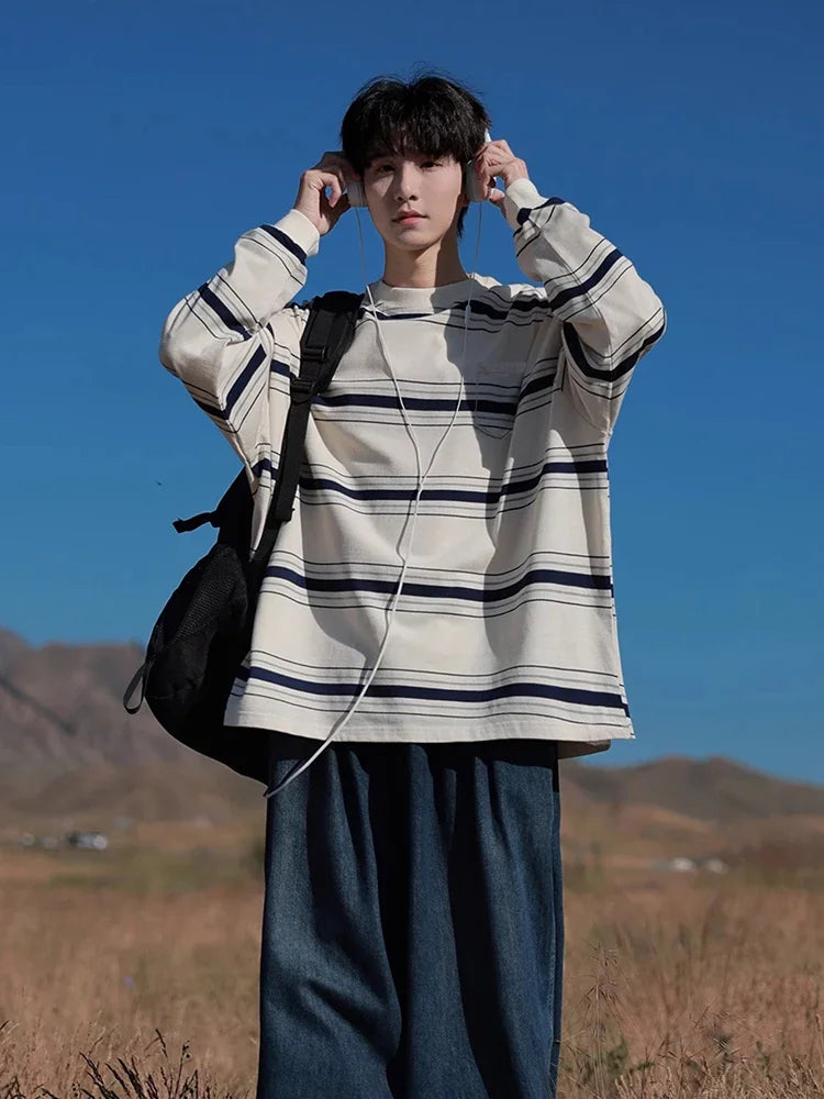 2024 Korean Fashion Pullover – Autumn Japanese Retro Striped Sweatshirts For Men And Women Y2K Streetwear Crewneck Long Sleeve T Shirts Casual Pocket Knit Tops | Zip Knit Drop #62